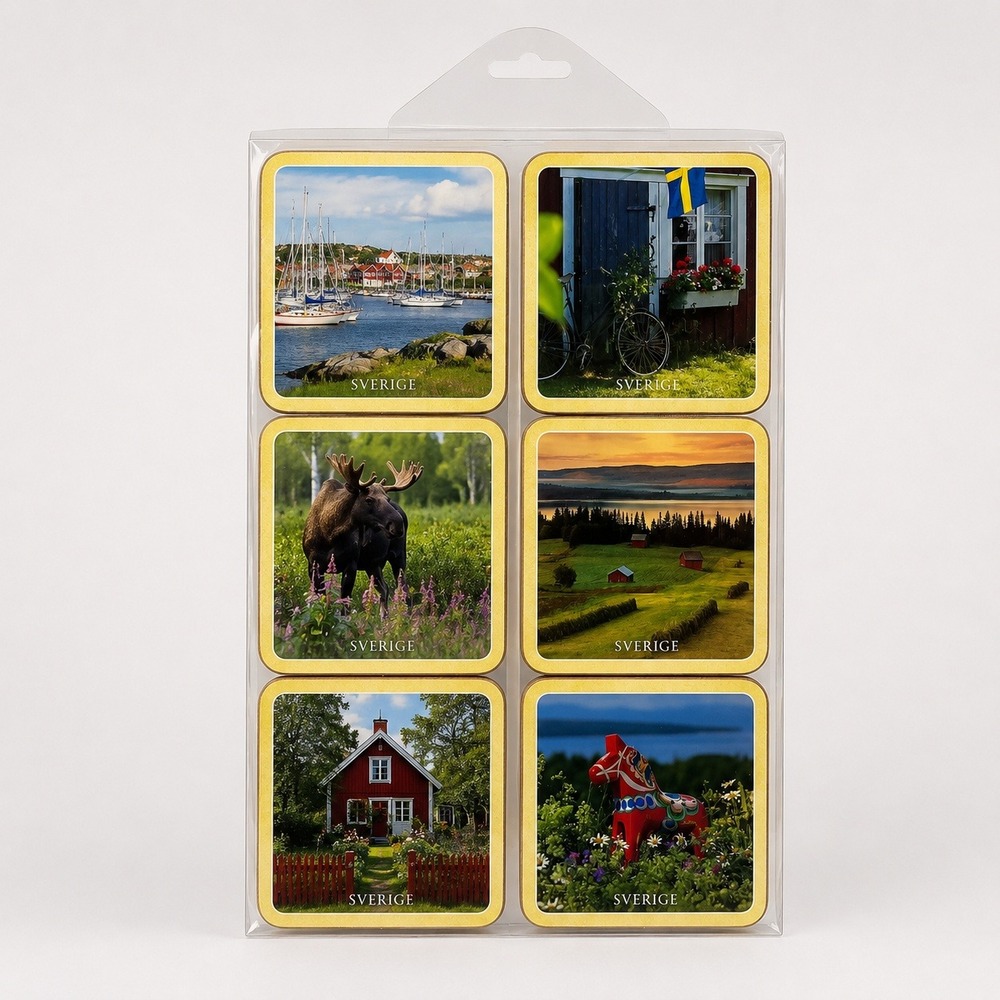 Sweden Sverige Scenic Souvenir Coasters Set of 6 Cork Back Dala Horse Moose New